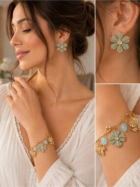 Turquoise Floral Charm Bracelet & Earrings Set – Gold Tone